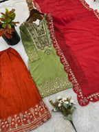 Classic Roman Glass Silk Outfit with Heavy Embroidery Touch Sharara Set