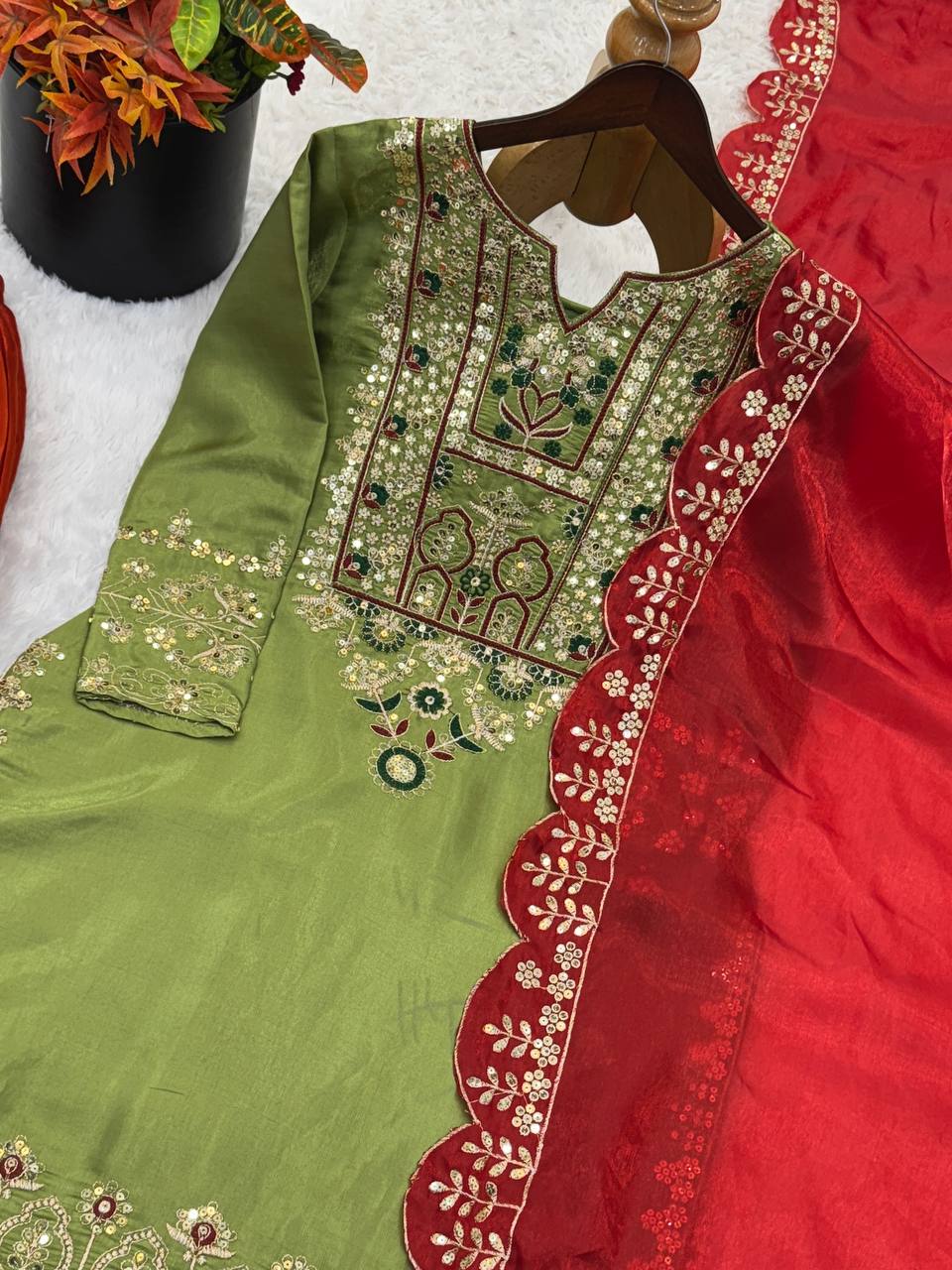Classic Roman Glass Silk Outfit with Heavy Embroidery Touch Sharara Set