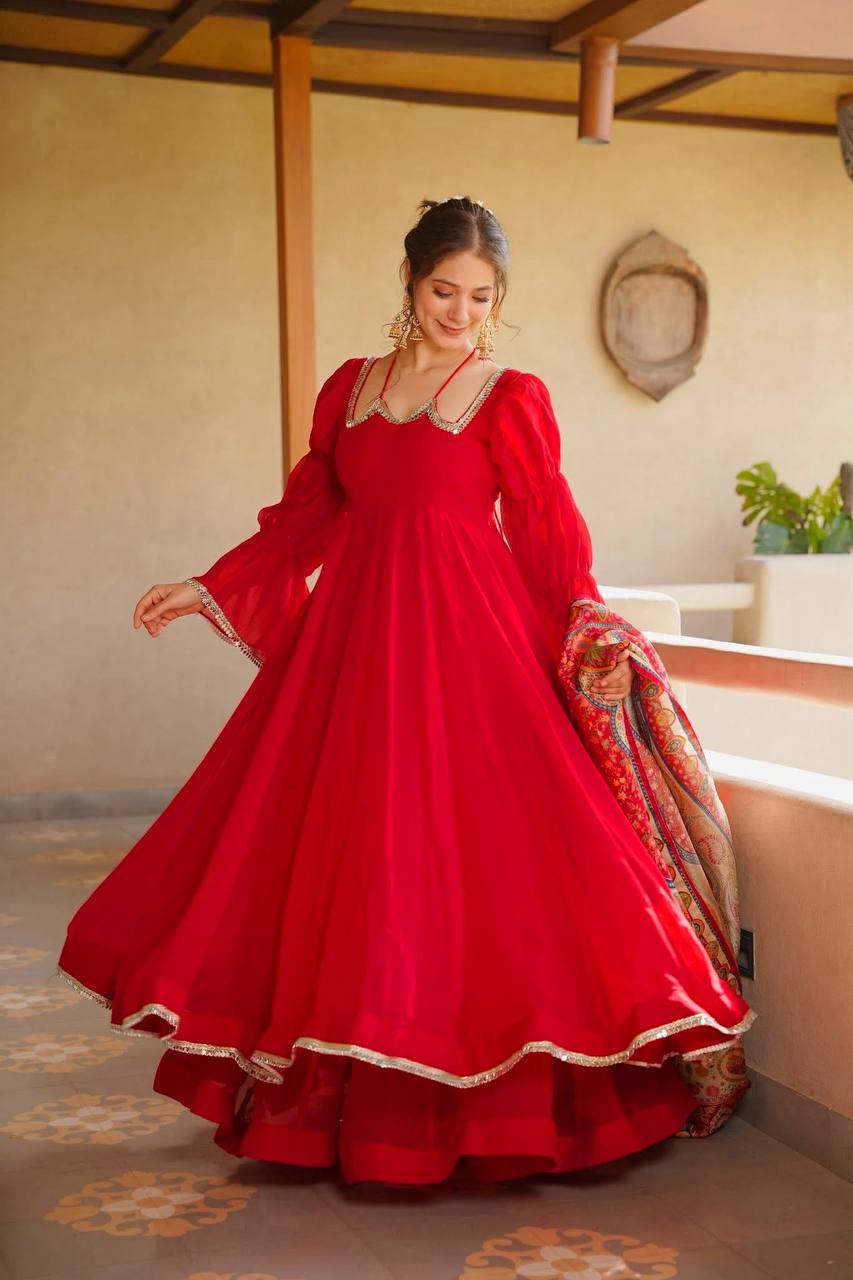 Tanirika Tabby Silk Mirror Lace Anarkali with Palazzo & Digital Printed Dupatta