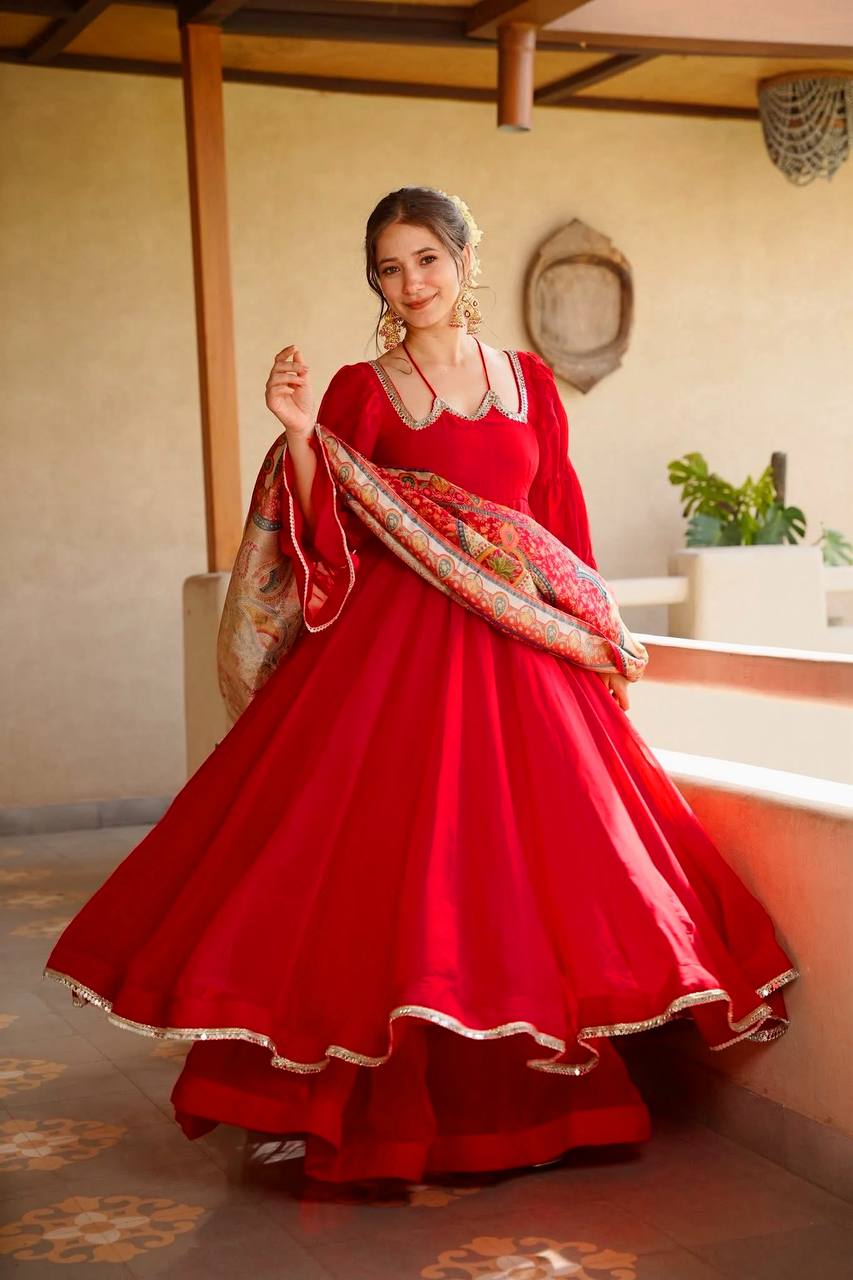 Tanirika Tabby Silk Mirror Lace Anarkali with Palazzo & Digital Printed Dupatta