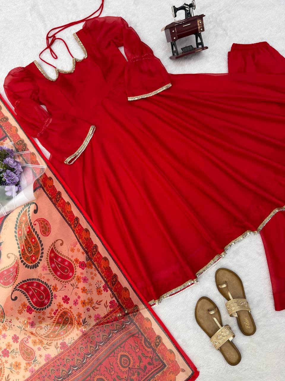 Tanirika Tabby Silk Mirror Lace Anarkali with Palazzo & Digital Printed Dupatta