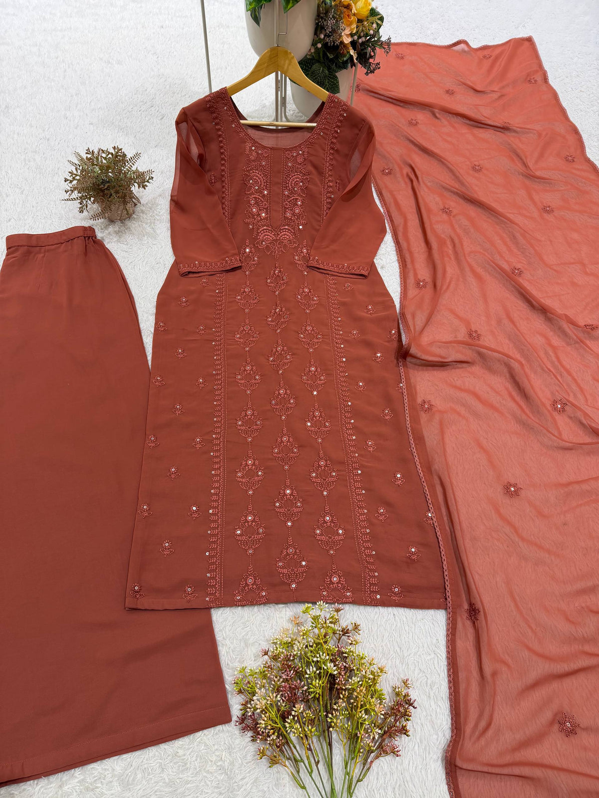 Mahira Georgette Sequin Embroidered Palazzo Suit Set with Matching Dupatta