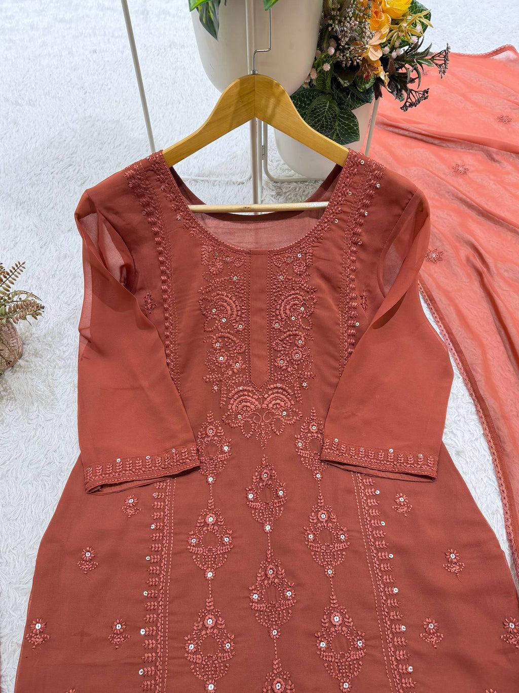Mahira Georgette Sequin Embroidered Palazzo Suit Set with Matching Dupatta