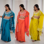 Designer French Crepe Western Dhoti Set with Embroidered Shrug & Choli