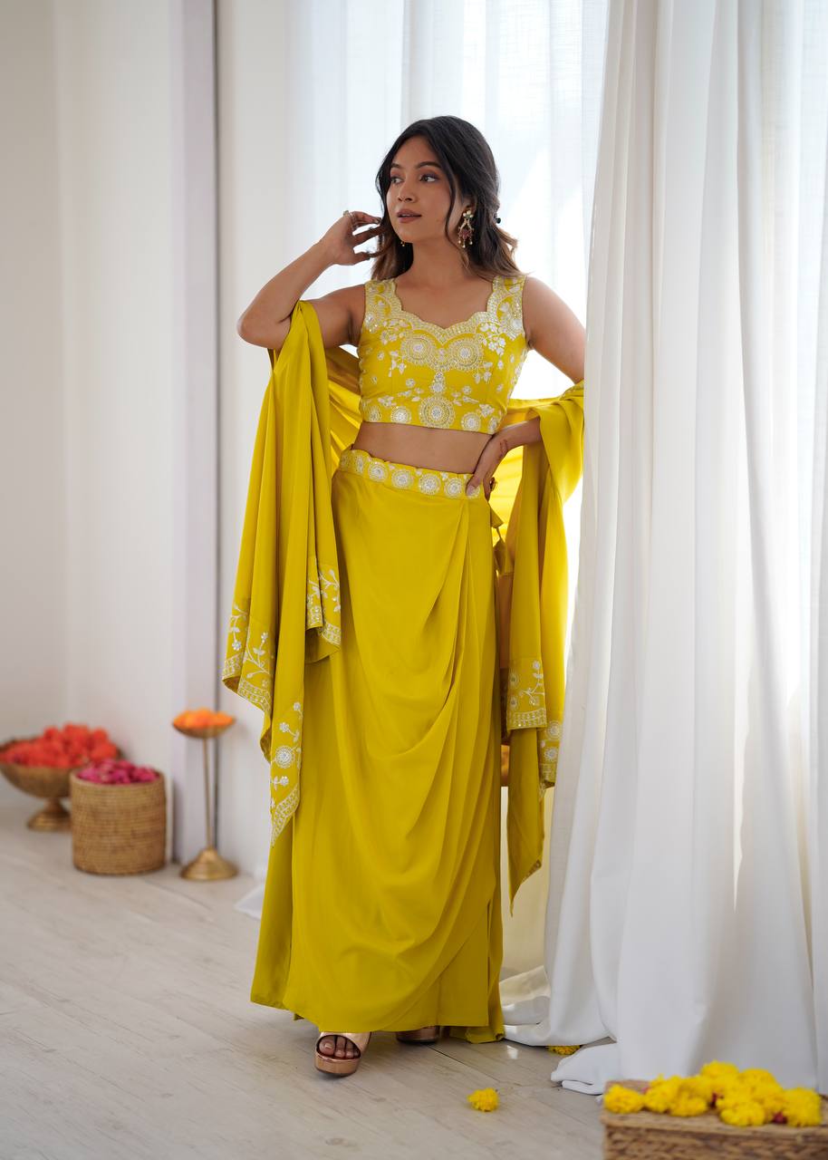 Designer French Crepe Western Dhoti Set with Embroidered Shrug & Choli