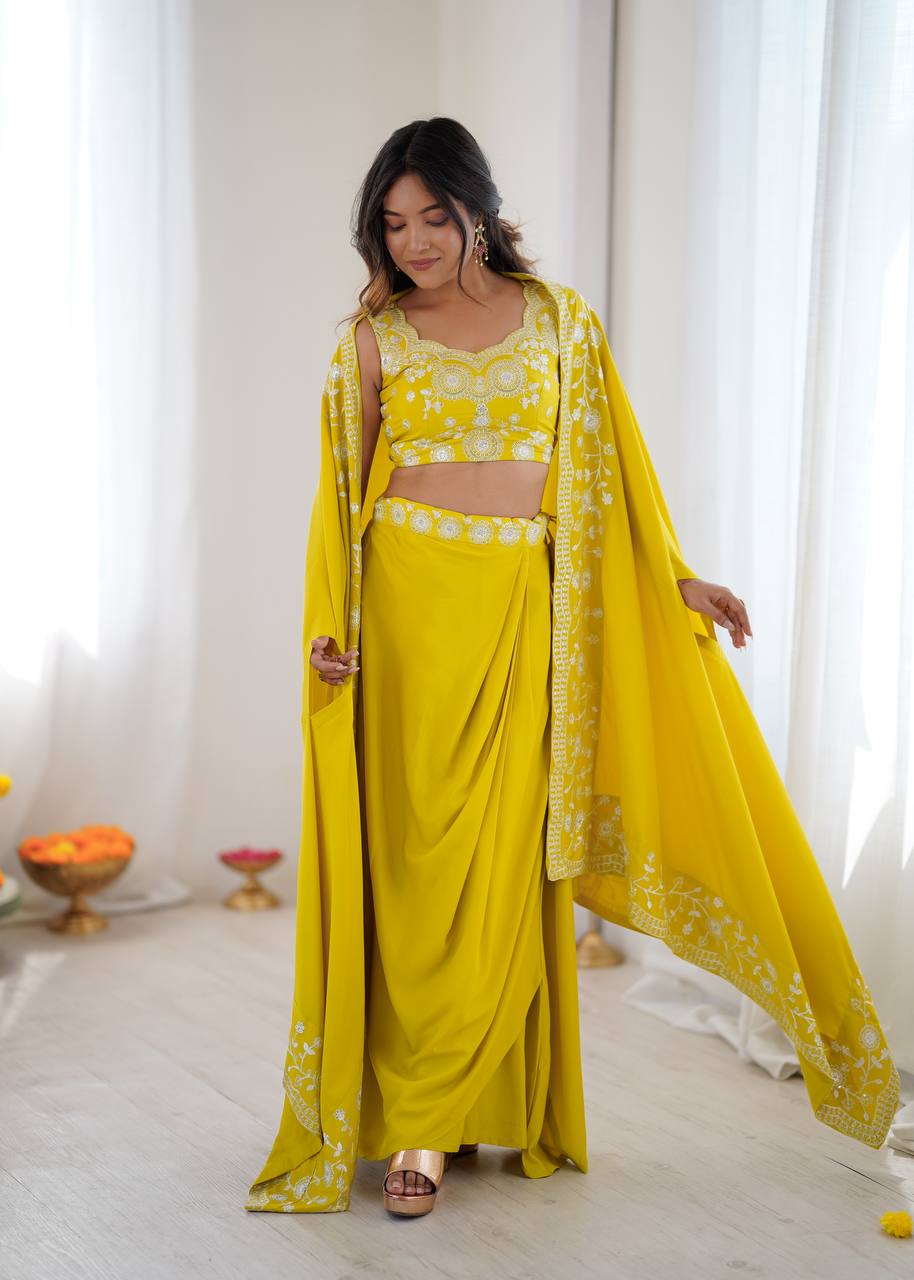 Designer French Crepe Western Dhoti Set with Embroidered Shrug & Choli