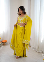 Designer French Crepe Western Dhoti Set with Embroidered Shrug & Choli