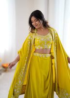 Designer French Crepe Western Dhoti Set with Embroidered Shrug & Choli