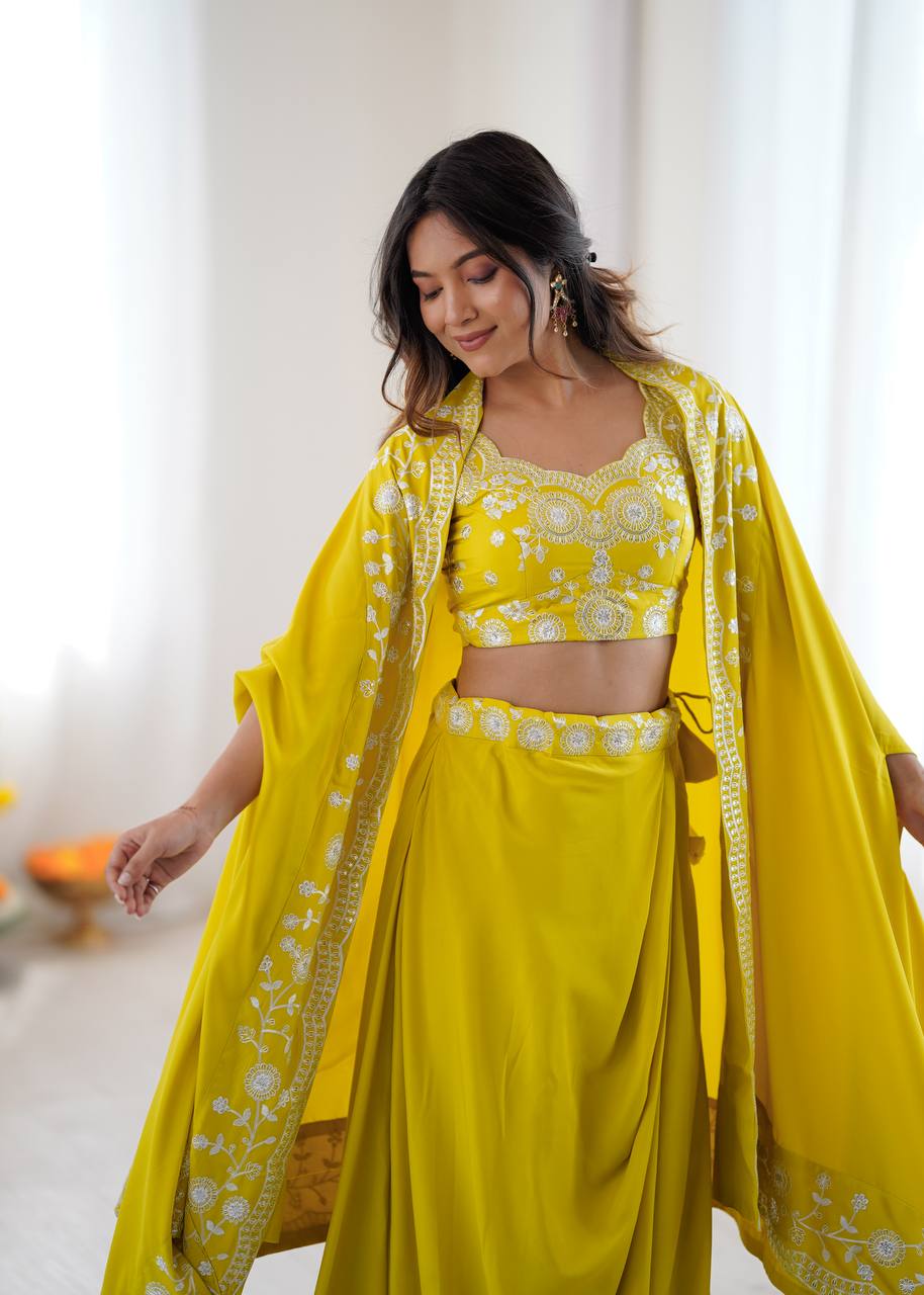 Designer French Crepe Western Dhoti Set with Embroidered Shrug & Choli