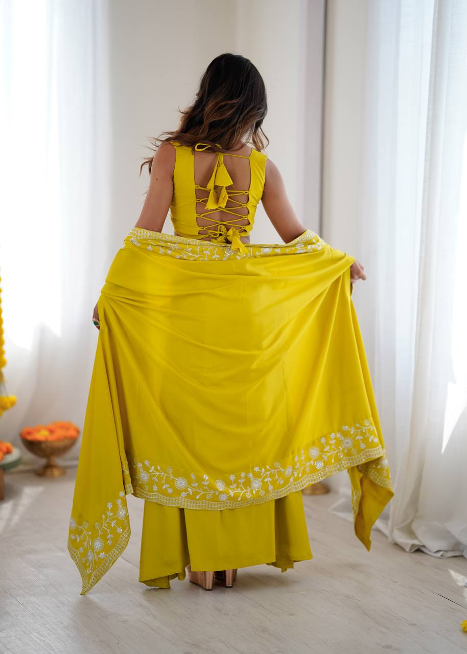 Designer French Crepe Western Dhoti Set with Embroidered Shrug & Choli