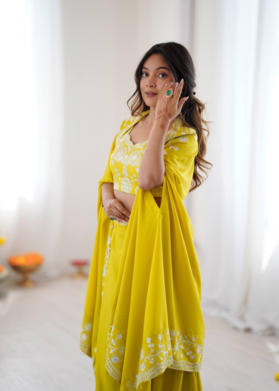 Designer French Crepe Western Dhoti Set with Embroidered Shrug & Choli