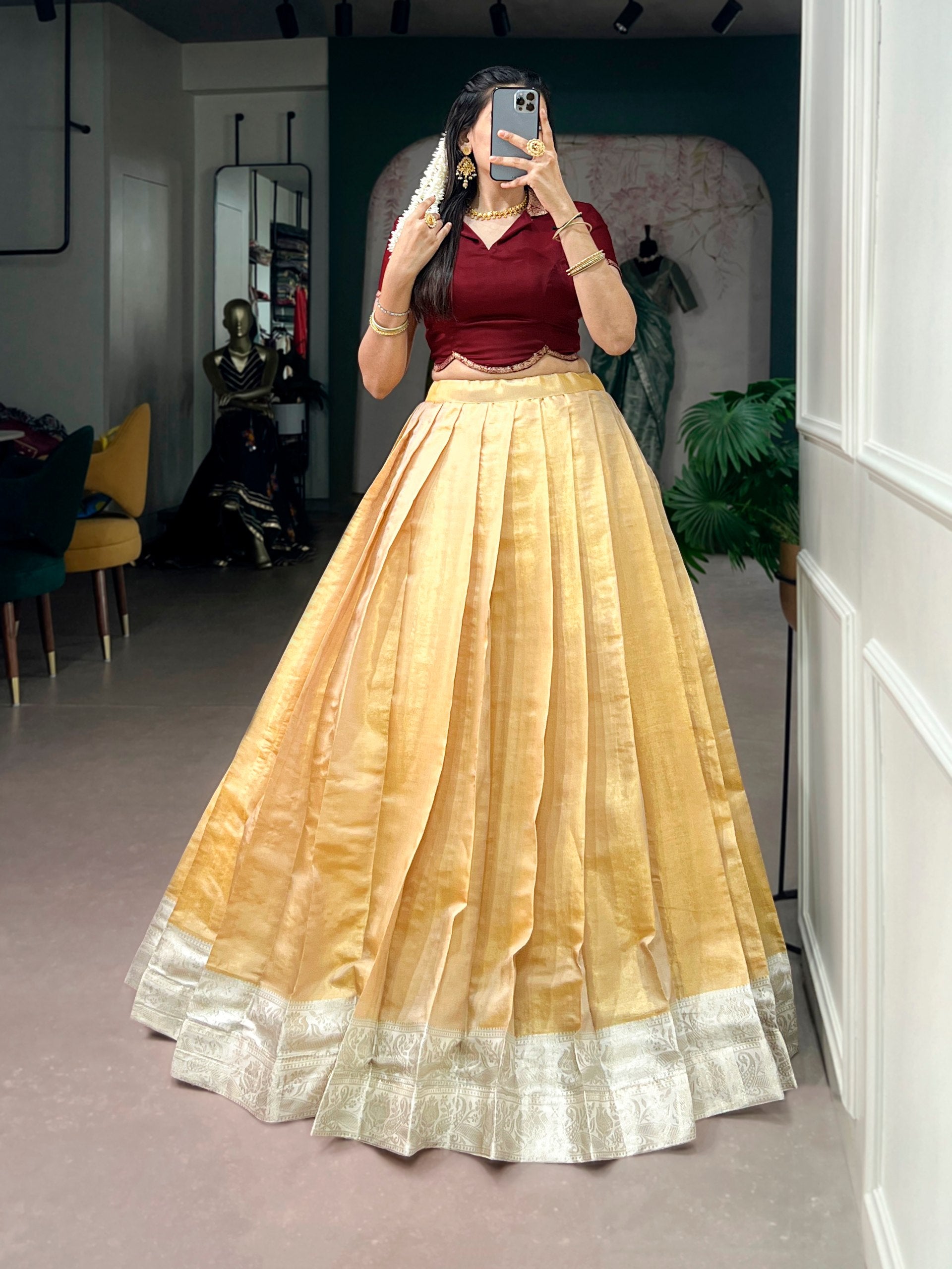 Anagha Kanchipuram Zari Weaving Onam Pavada Set with Satin Silk Blouse