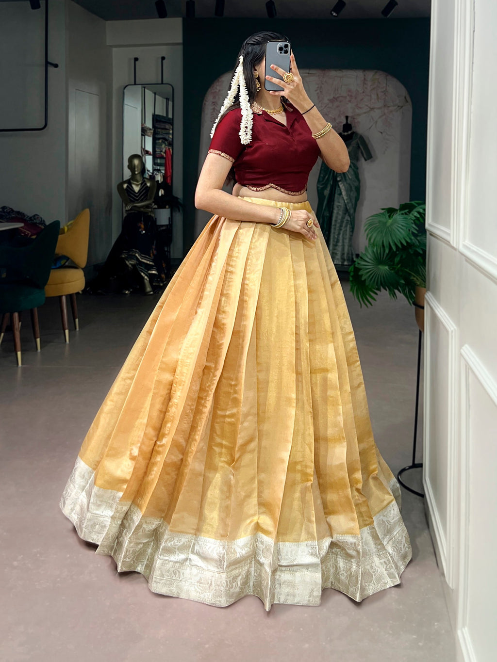 Anagha Kanchipuram Zari Weaving Onam Pavada Set with Satin Silk Blouse