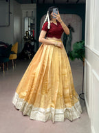 Anagha Kanchipuram Zari Weaving Onam Pavada Set with Satin Silk Blouse