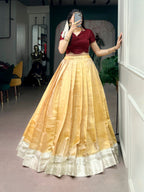 Anagha Kanchipuram Zari Weaving Onam Pavada Set with Satin Silk Blouse