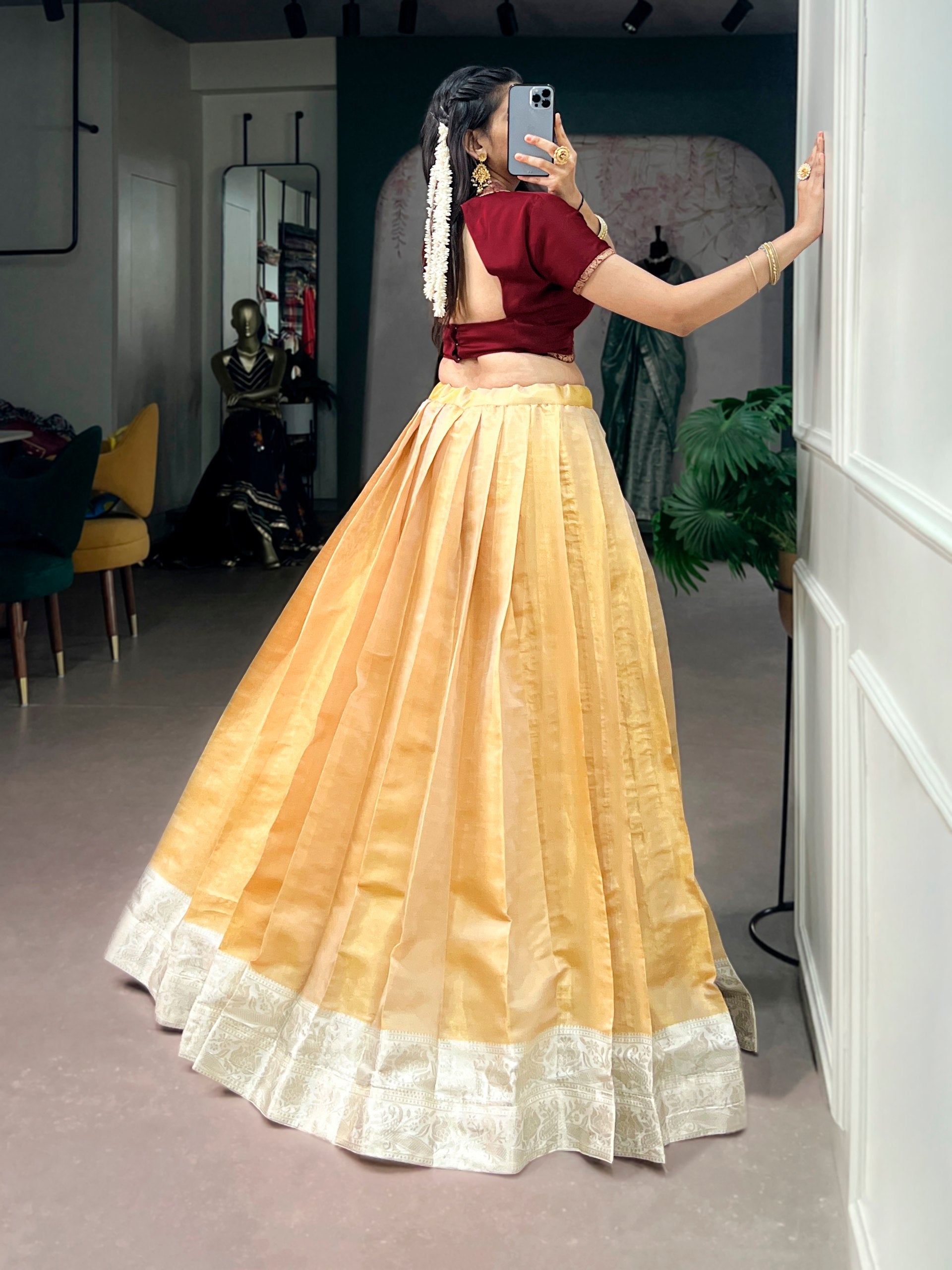 Anagha Kanchipuram Zari Weaving Onam Pavada Set with Satin Silk Blouse