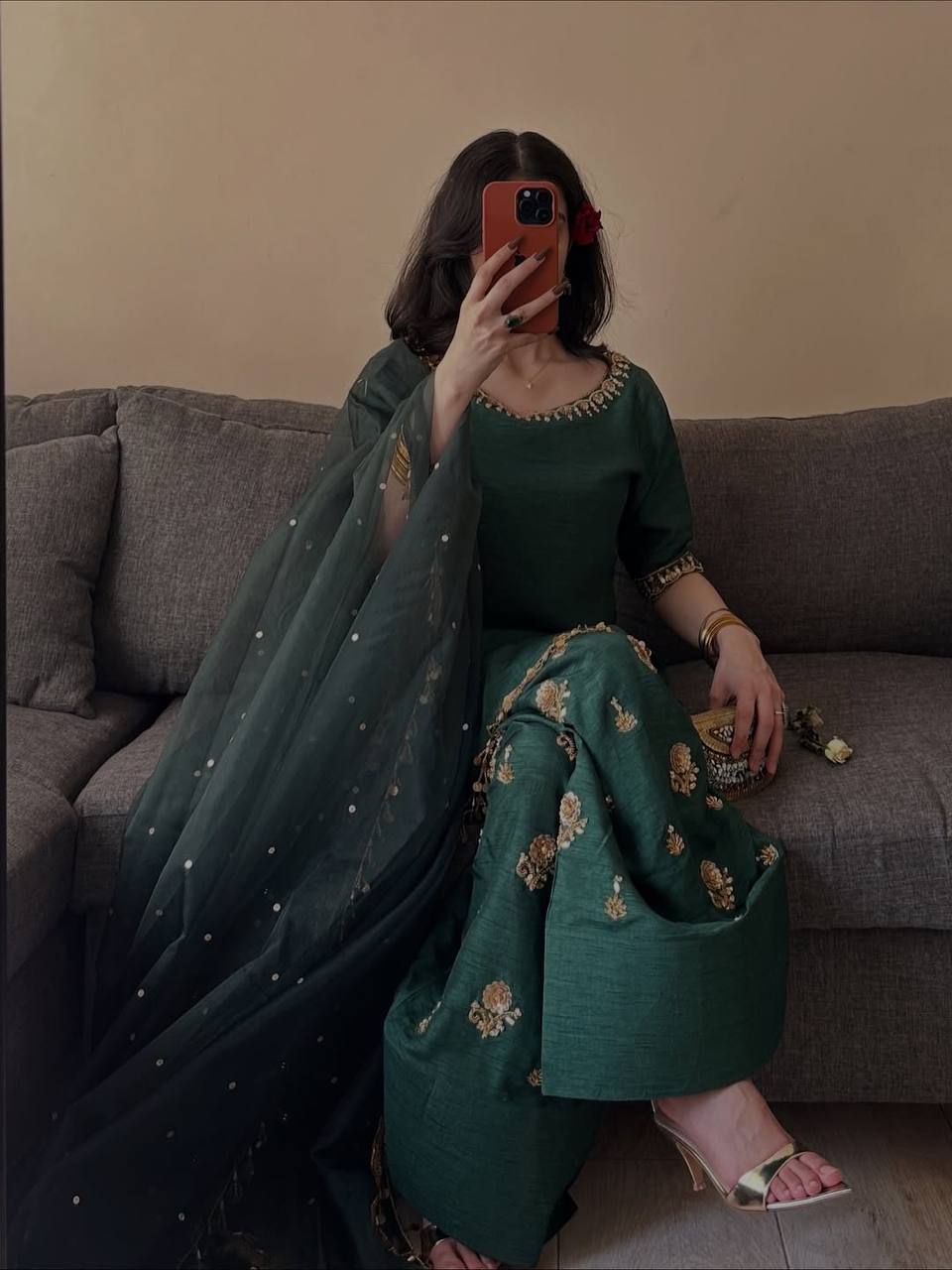 Aarvika Aada Slab Silk Sequins Embroidered Top with Farshi Salwar & Rangoli Silk Dupatta