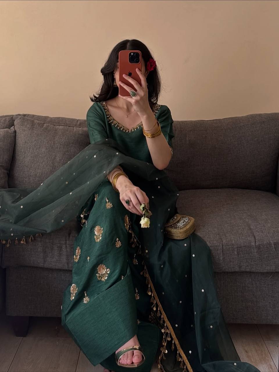 Aarvika Aada Slab Silk Sequins Embroidered Top with Farshi Salwar & Rangoli Silk Dupatta