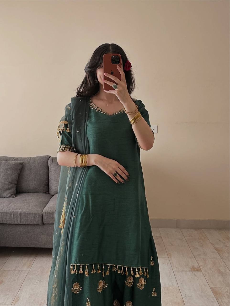 Aarvika Aada Slab Silk Sequins Embroidered Top with Farshi Salwar & Rangoli Silk Dupatta