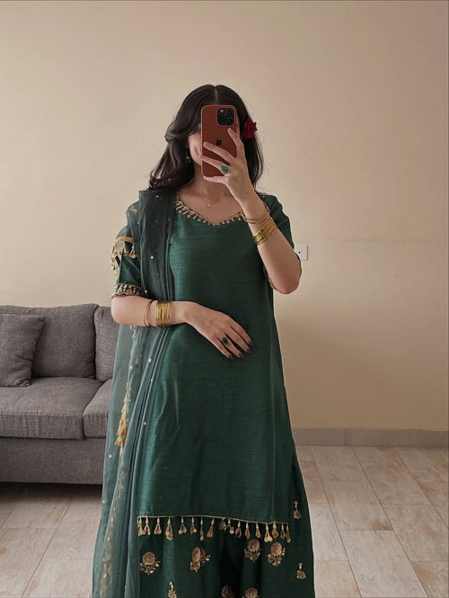 Aarvika Aada Slab Silk Sequins Embroidered Top with Farshi Salwar & Rangoli Silk Dupatta