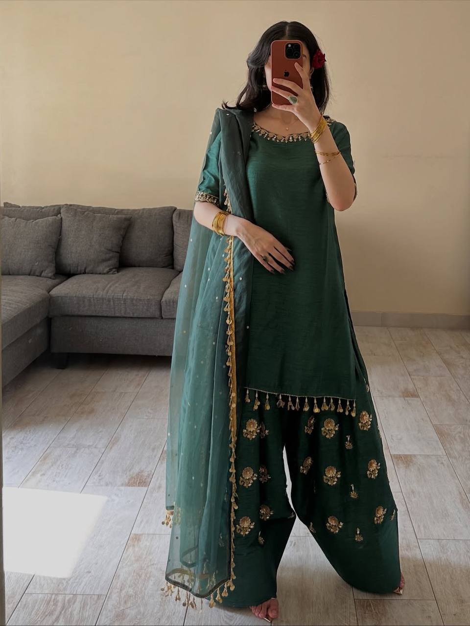 Aarvika Aada Slab Silk Sequins Embroidered Top with Farshi Salwar & Rangoli Silk Dupatta