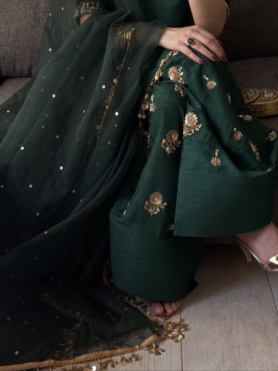 Aarvika Aada Slab Silk Sequins Embroidered Top with Farshi Salwar & Rangoli Silk Dupatta