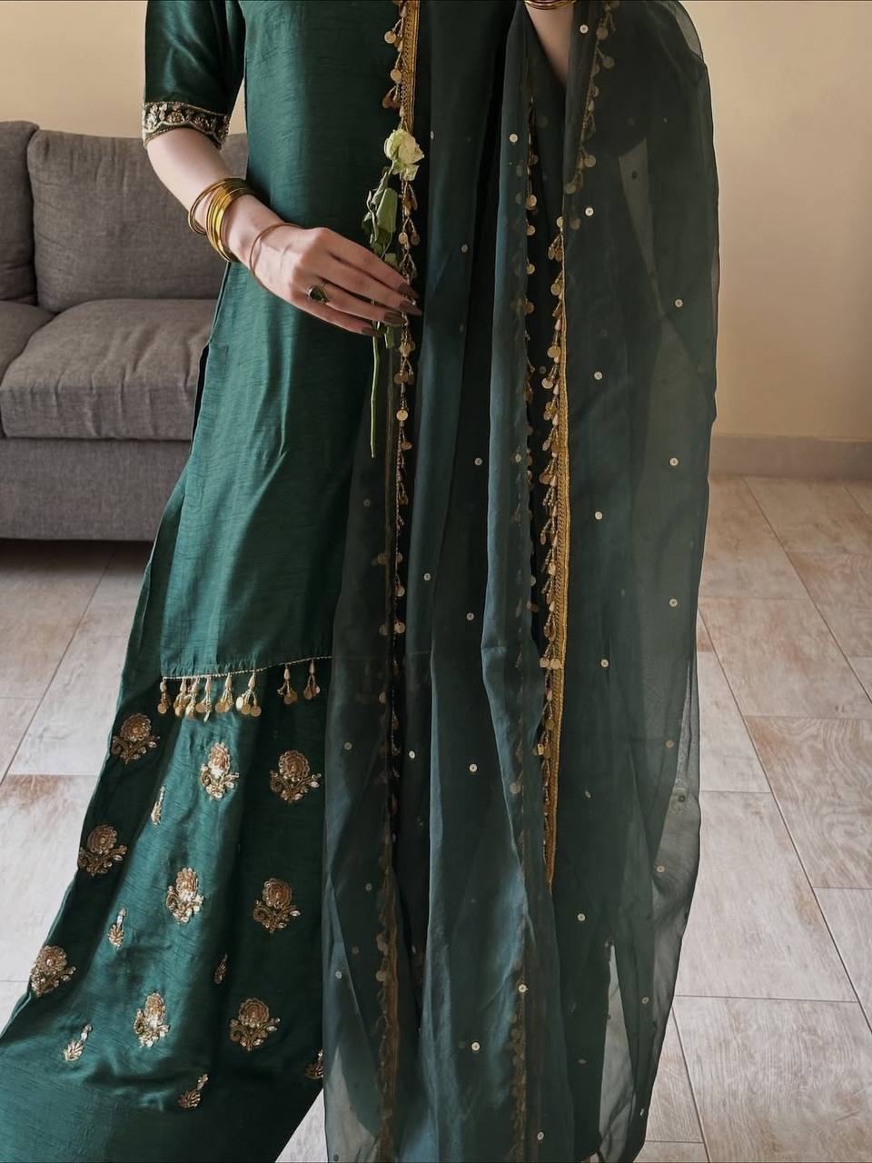Aarvika Aada Slab Silk Sequins Embroidered Top with Farshi Salwar & Rangoli Silk Dupatta