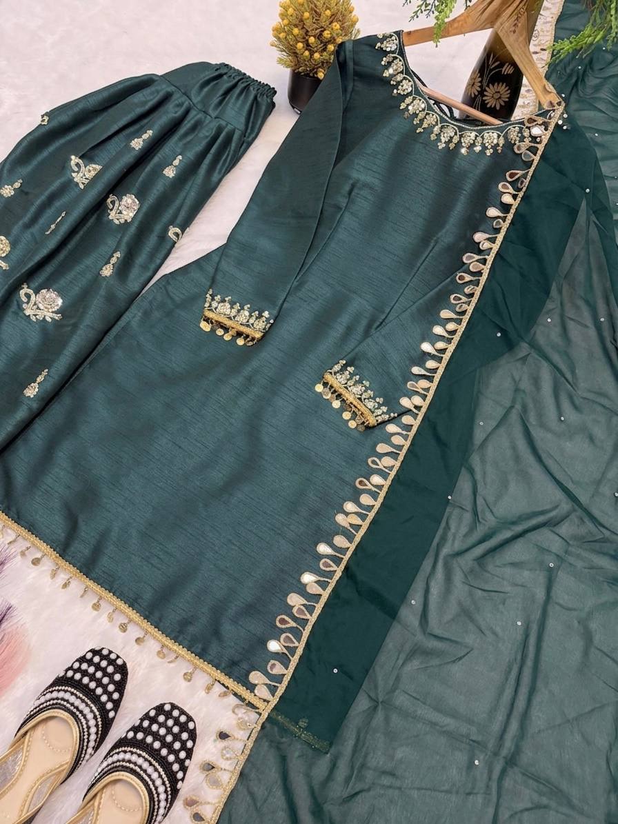 Aarvika Aada Slab Silk Sequins Embroidered Top with Farshi Salwar & Rangoli Silk Dupatta