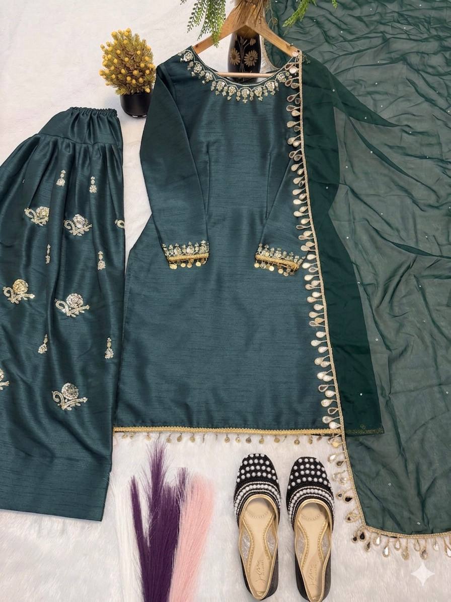 Aarvika Aada Slab Silk Sequins Embroidered Top with Farshi Salwar & Rangoli Silk Dupatta