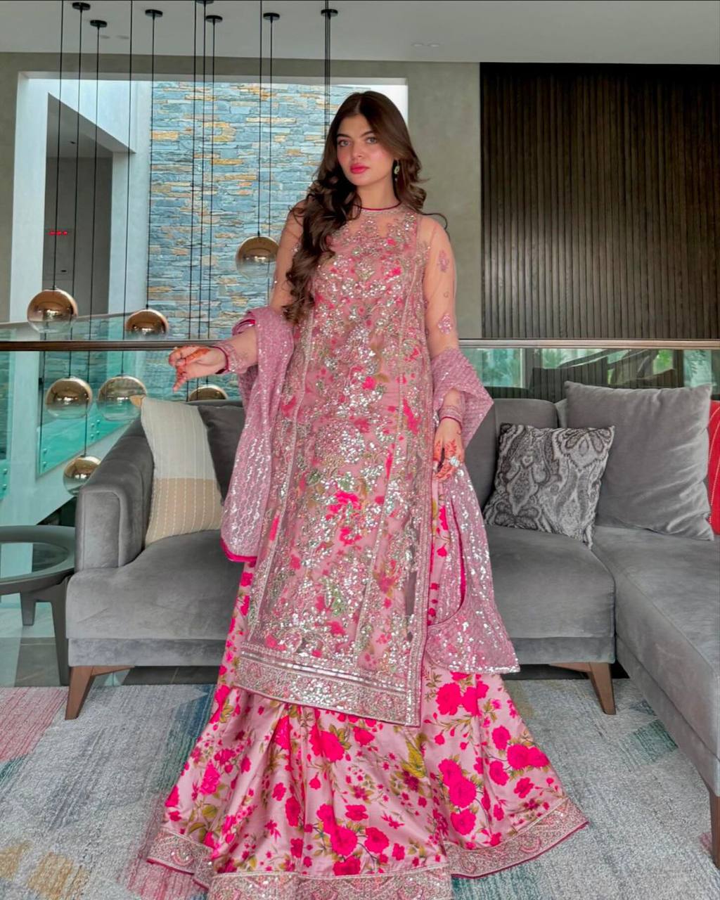 Designer Butterfly Net Gown with Thread & Sequin Embroidery Work