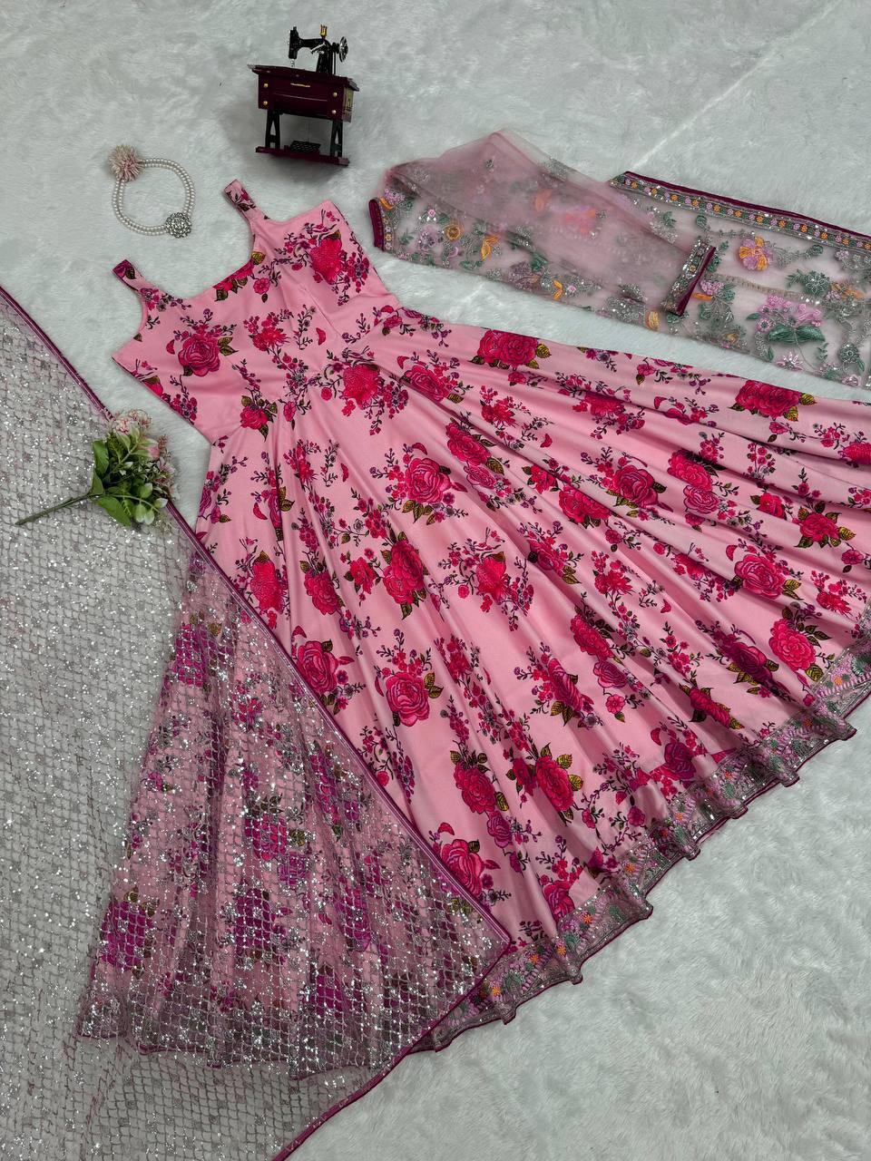 Designer Butterfly Net Gown with Thread & Sequin Embroidery Work