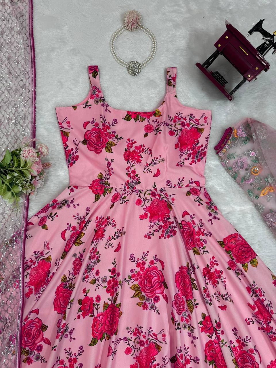 Designer Butterfly Net Gown with Thread & Sequin Embroidery Work