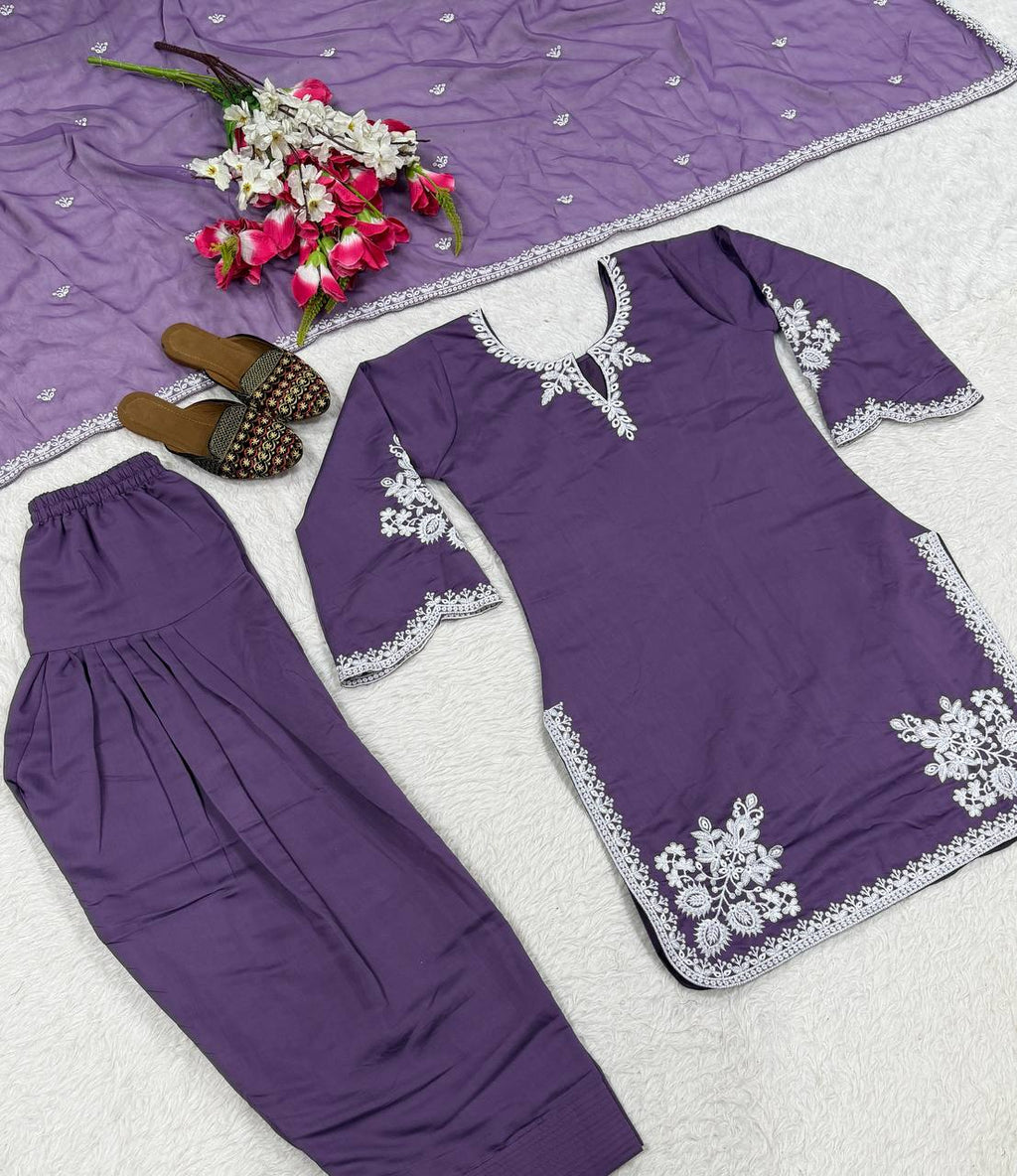 Designer Roman Cotton Farshi Salwar Suit with Embroidered Organza Dupatta