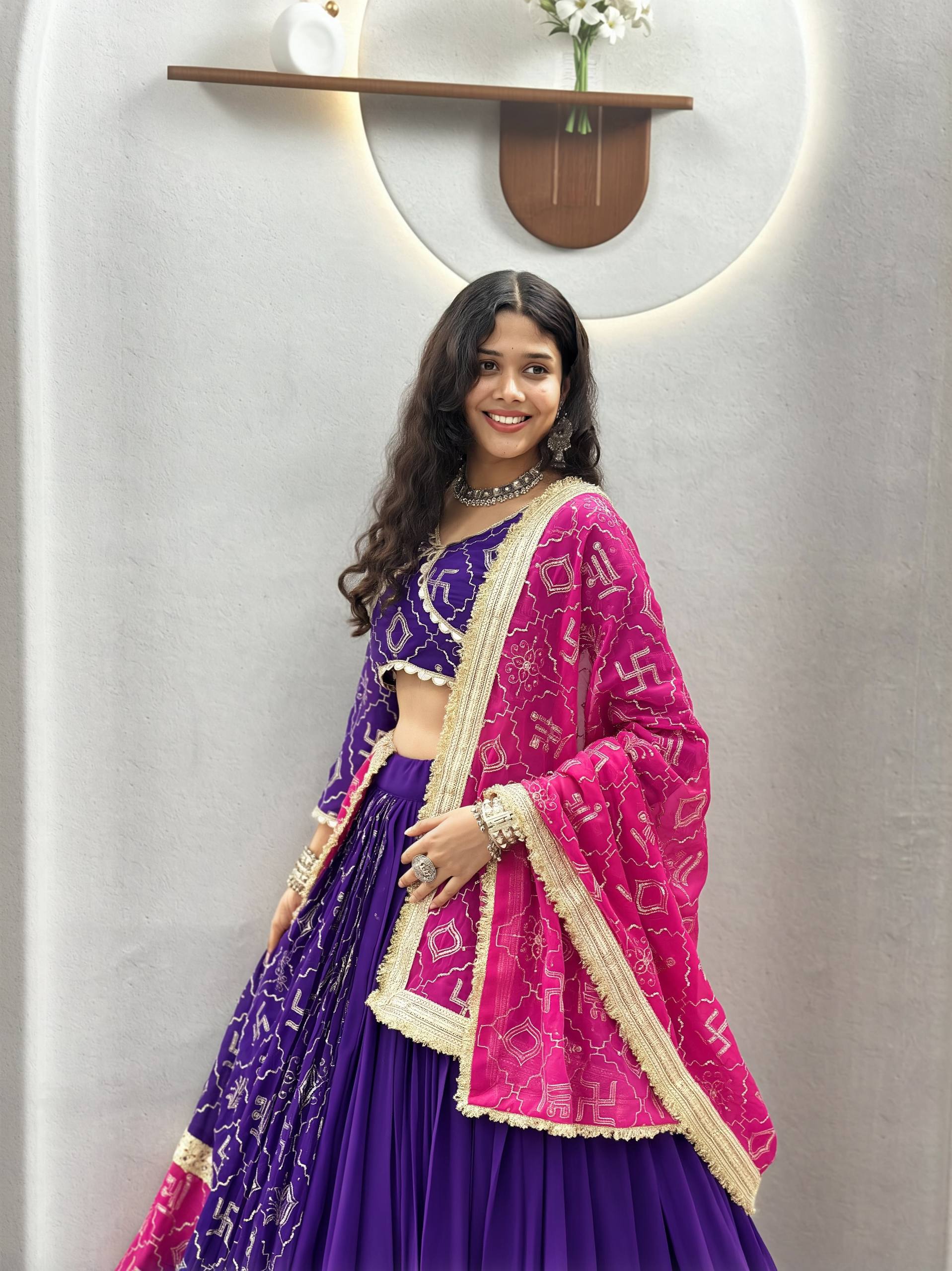Myra Faux Georgette Embroidered Lehenga Choli with Mirror Lace & Dupatta Set