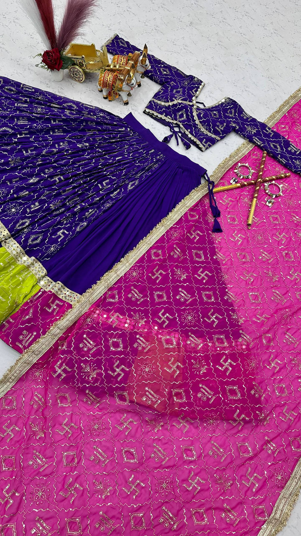 Myra Faux Georgette Embroidered Lehenga Choli with Mirror Lace & Dupatta Set