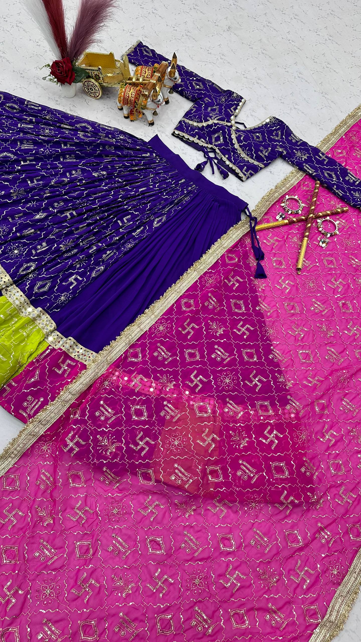 Myra Faux Georgette Embroidered Lehenga Choli with Mirror Lace & Dupatta Set