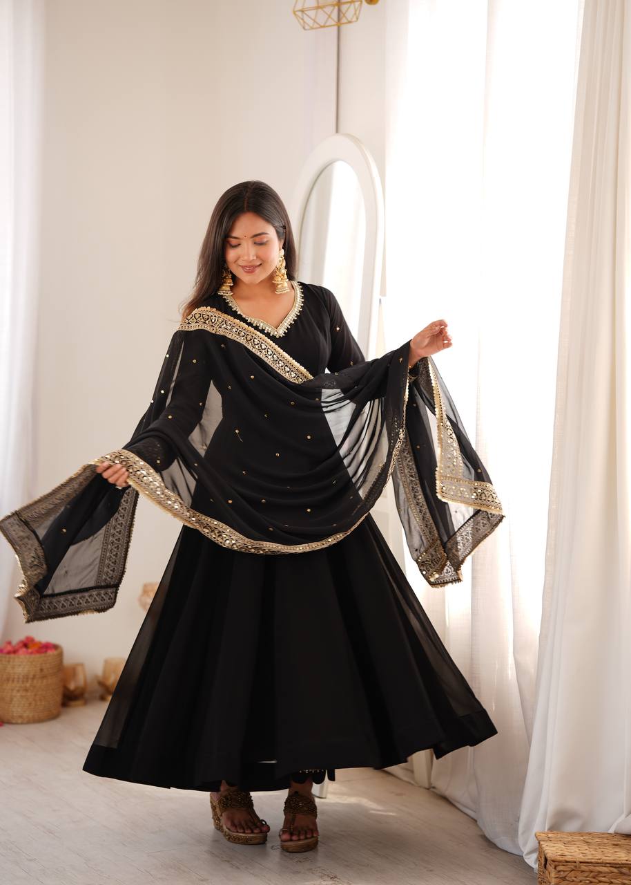 Kashvika Black Georgette Sequins Embroidered Gown with Pant & Dupatta Set