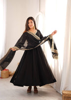 Kashvika Black Georgette Sequins Embroidered Gown with Pant & Dupatta Set