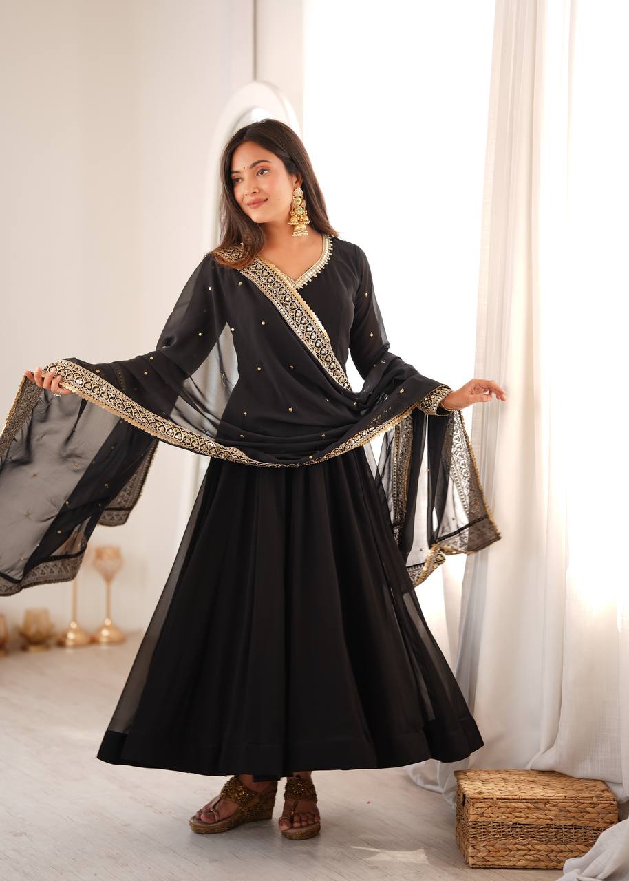 Kashvika Black Georgette Sequins Embroidered Gown with Pant & Dupatta Set