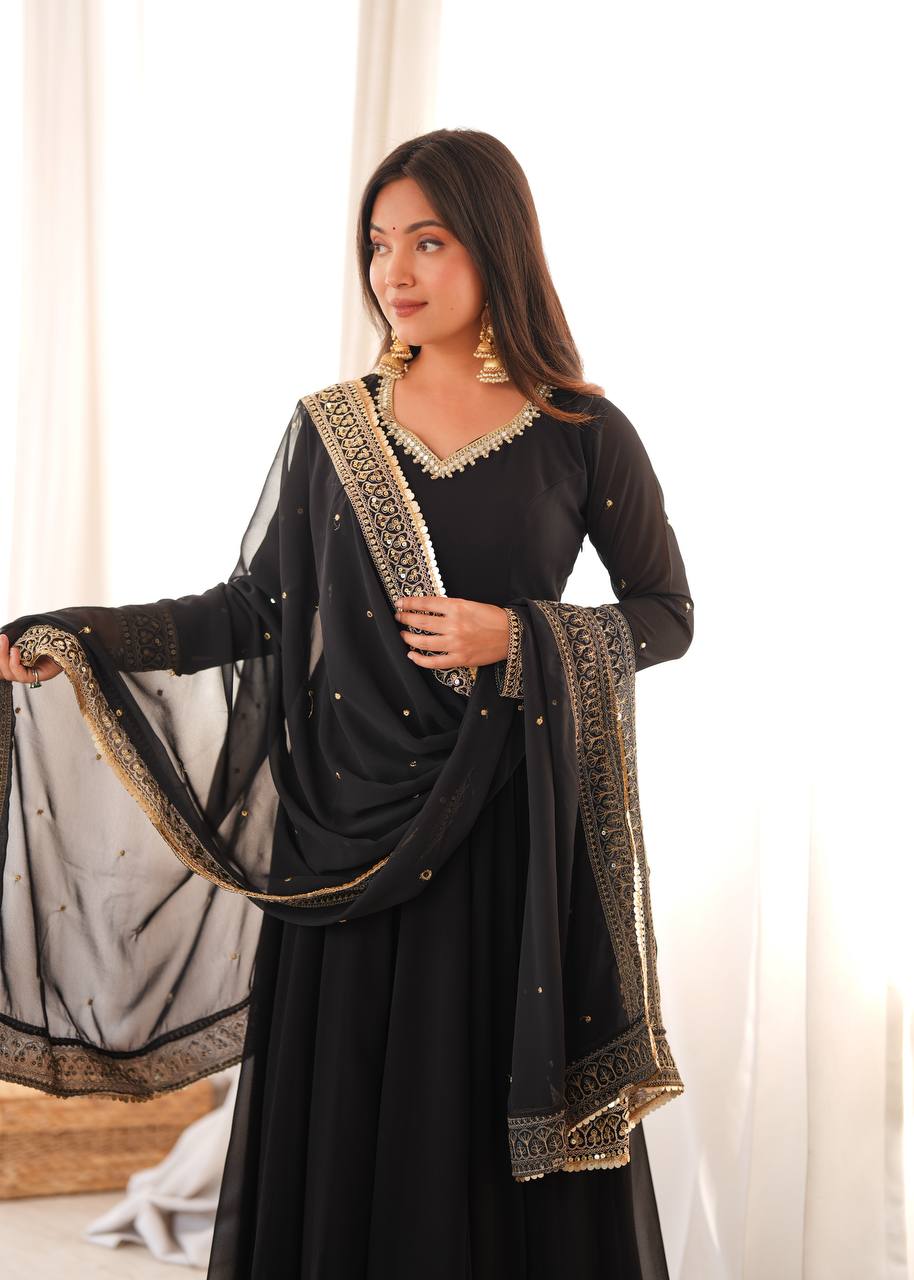 Kashvika Black Georgette Sequins Embroidered Gown with Pant & Dupatta Set