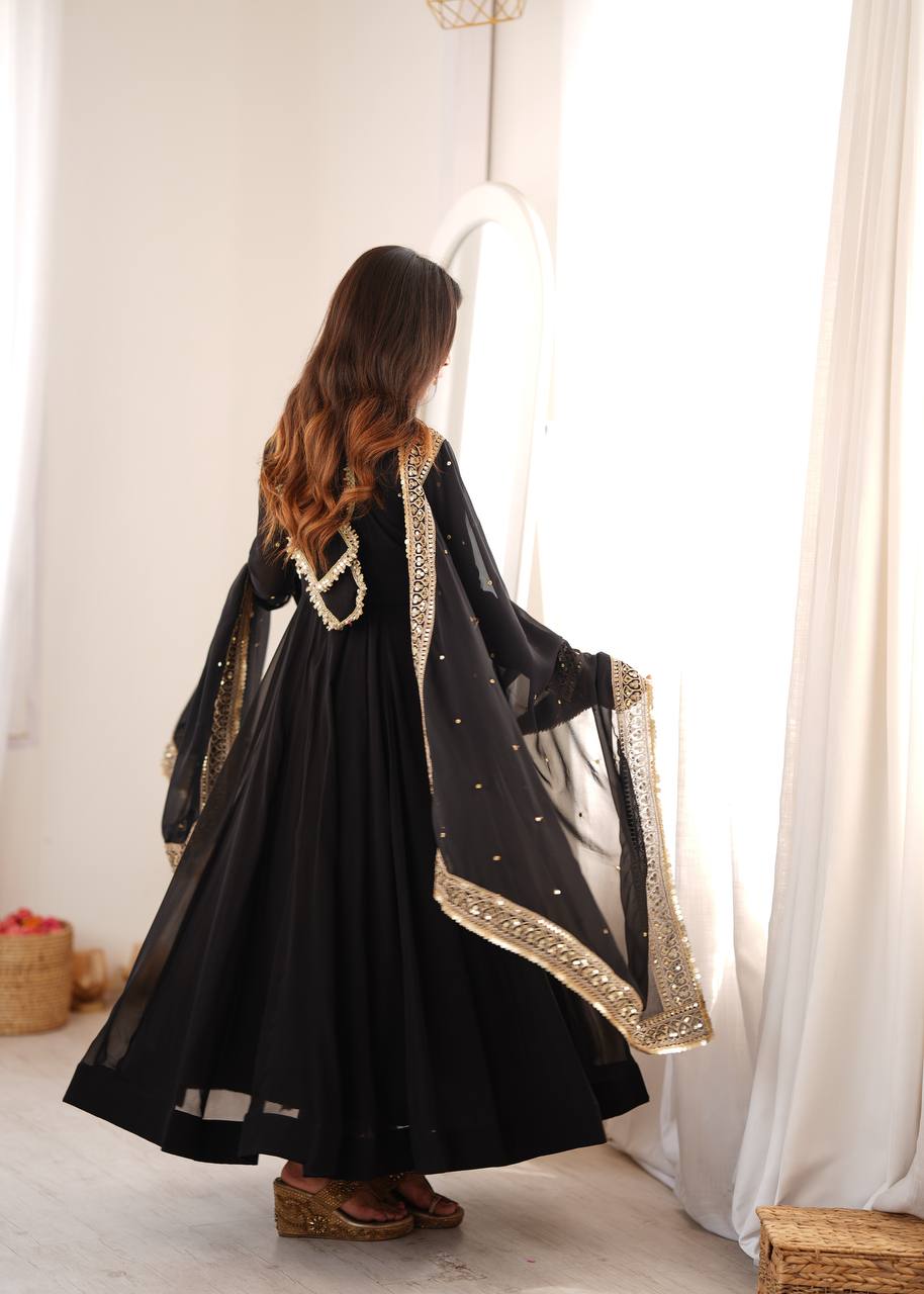 Kashvika Black Georgette Sequins Embroidered Gown with Pant & Dupatta Set