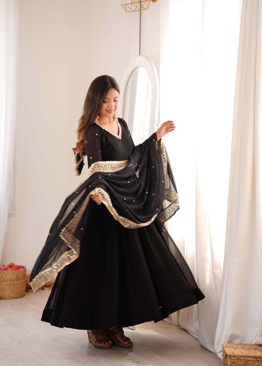 Kashvika Black Georgette Sequins Embroidered Gown with Pant & Dupatta Set