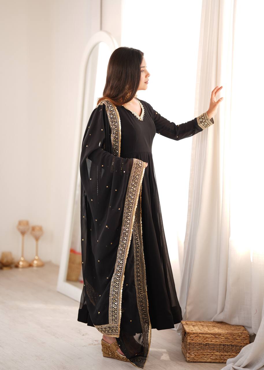Kashvika Black Georgette Sequins Embroidered Gown with Pant & Dupatta Set