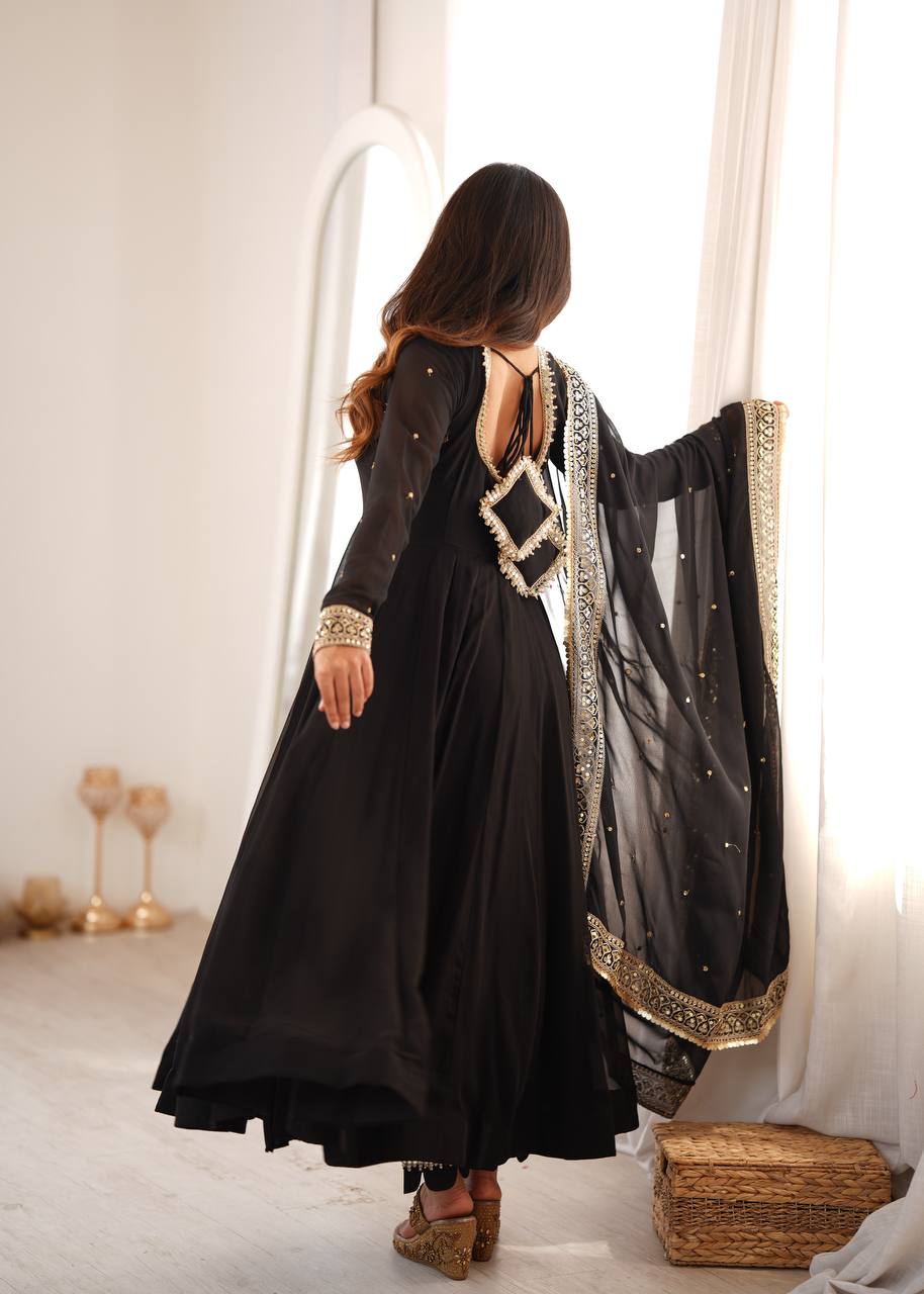 Kashvika Black Georgette Sequins Embroidered Gown with Pant & Dupatta Set