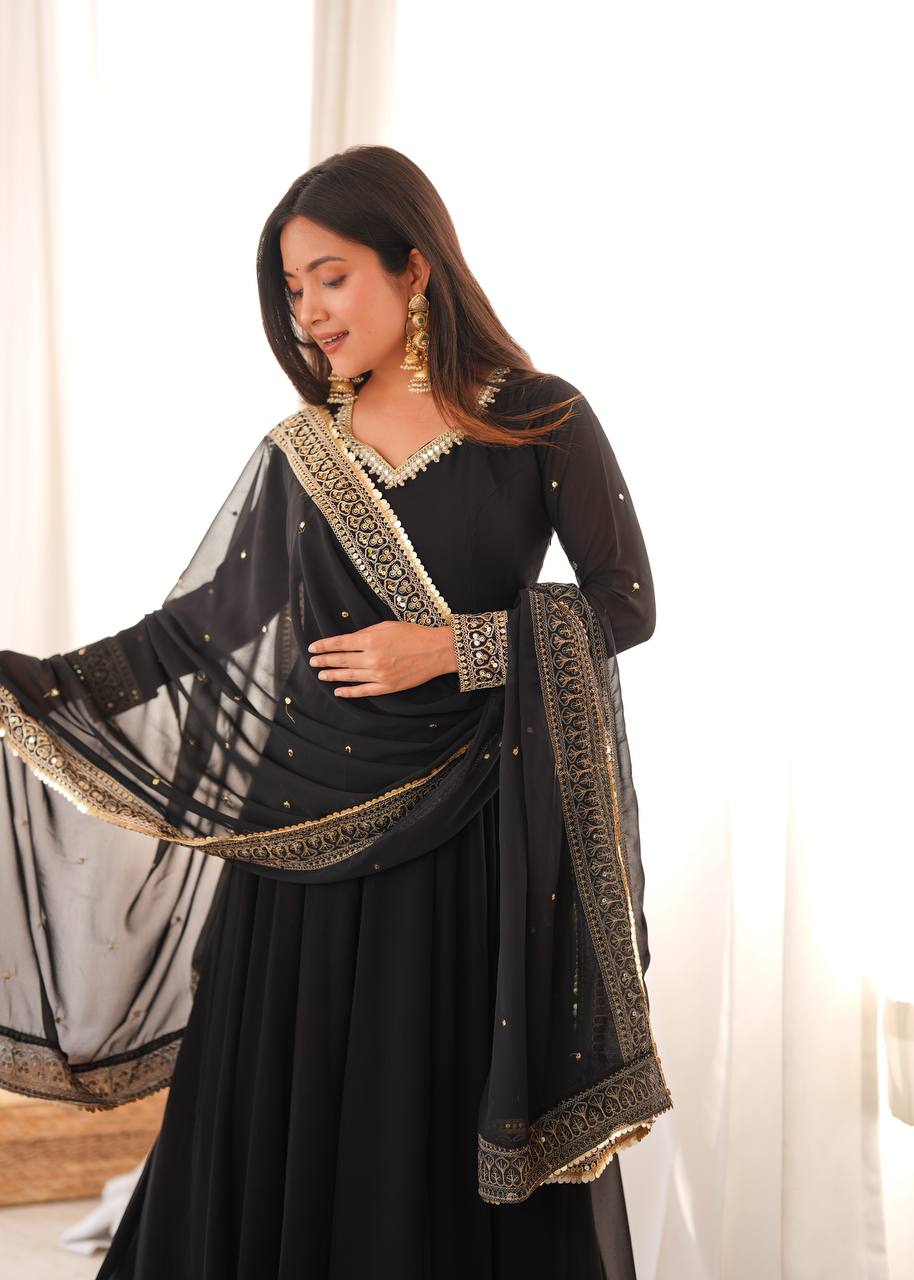 Kashvika Black Georgette Sequins Embroidered Gown with Pant & Dupatta Set