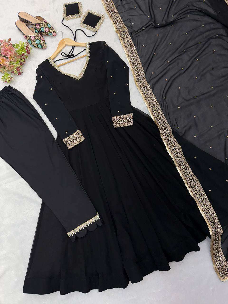Kashvika Black Georgette Sequins Embroidered Gown with Pant & Dupatta Set