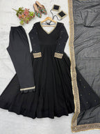Kashvika Black Georgette Sequins Embroidered Gown with Pant & Dupatta Set