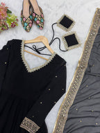 Kashvika Black Georgette Sequins Embroidered Gown with Pant & Dupatta Set