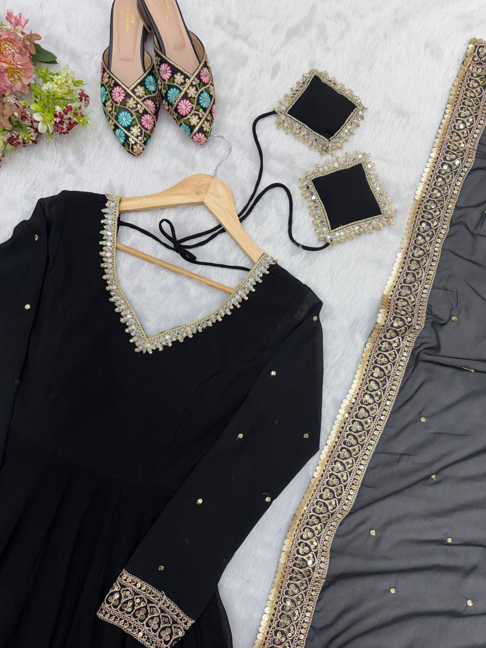 Kashvika Black Georgette Sequins Embroidered Gown with Pant & Dupatta Set