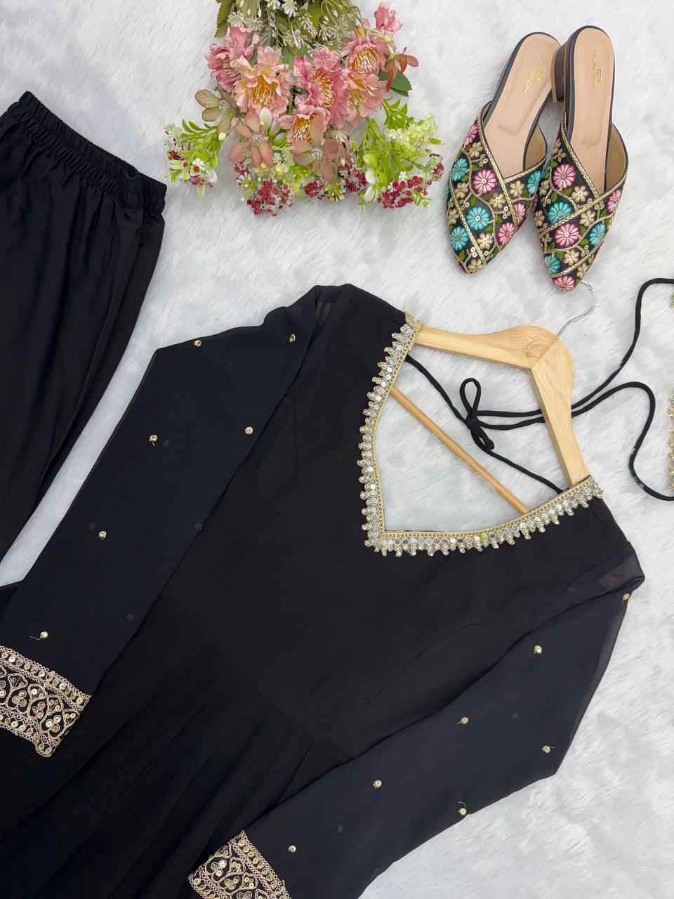 Kashvika Black Georgette Sequins Embroidered Gown with Pant & Dupatta Set